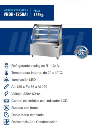 Vitrina Refrigerada 1.35x1200mm Ilumi 380l Vidrio Curvo