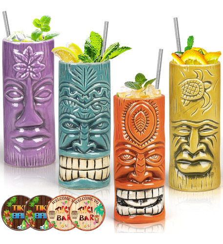 Suprobarware Juego De 4 Tazas Tiki - Tazas De Cerámica Para 