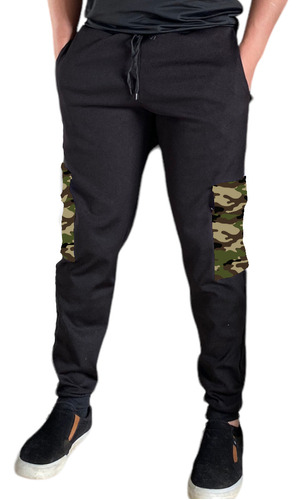 Calça Masculina Moletom Preta Bolso Na Perna Militar 08