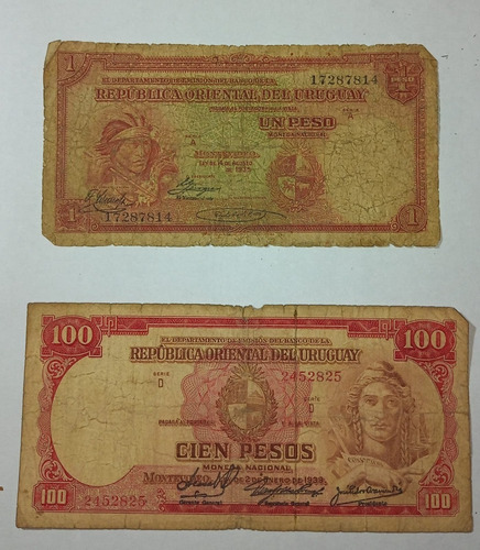 2 Billetes De Uruguay  1 Peso 1935 -100 Pesos 1939 Fine