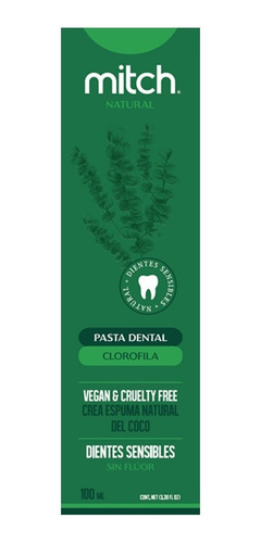 Imagen 1 de 4 de Pasta Dental Mitch Premium Clorofila 100ml Sin Flúor Vegan 