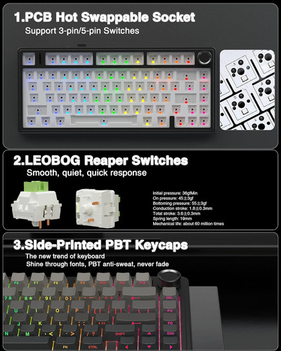 Aula F75 Pro Teclado mecánico inalámbrico, 75% Teclado mecánico RGB de 2,4 GHz/USB-C/BT5.0, Teclado Gamer Intercambiable con interruptores prelubricados y Teclas PBT