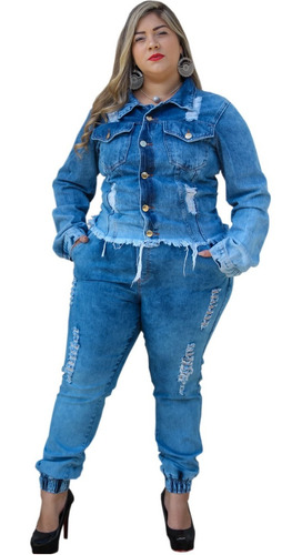 Imagem 1 de 5 de Conjunto Feminino Jeans Jaqueta E Calça Plus Size Inverno