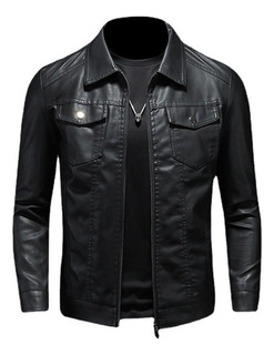 Chamarra Piel Slim Fit Moda Hombre Tipo Biker Negro Ii9