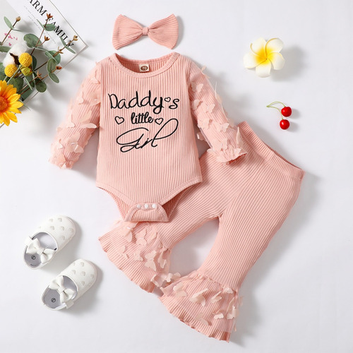 3pcs Conjunto Tierno Bebé Con Mariposas Pantalón Acampanado Rosa 3-6 M