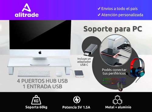 Base Eleva Monitor Pc Soporte Puertos Hub Usb Escritorio