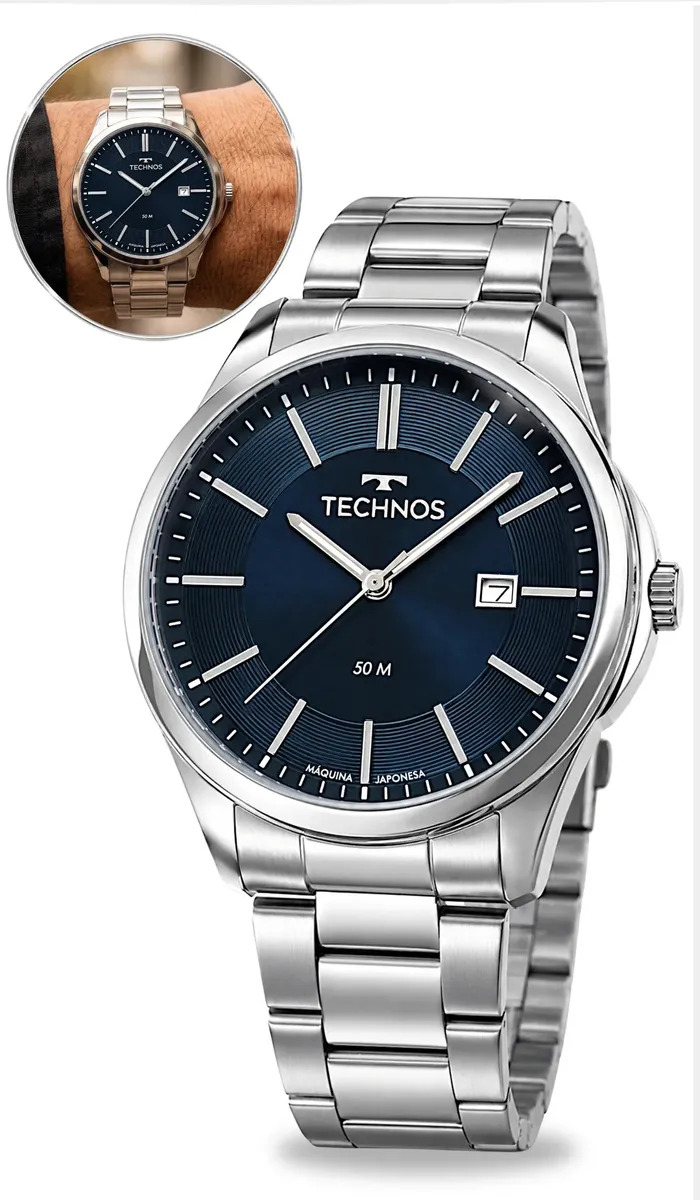 Relógio Technos Masculino Steel Aco Inox Prata Fundo Azul Analógico Prova Dagua Elegante Classico 2115TWS-1A