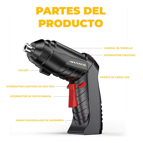 Set Mini Destornillador Inalambrico Rotador Negro Whamx