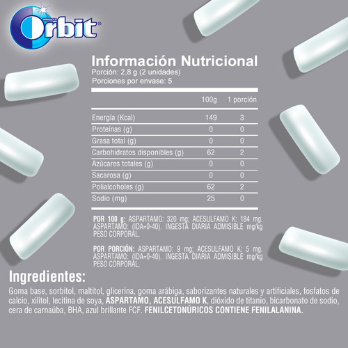 Imagen 2 de 7 de Orbit Chicle Sin Azúcar Sabor Menta Suave 10un