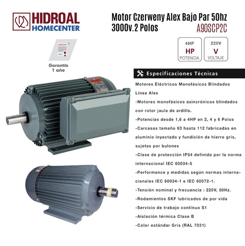 Imagen 6 de 6 de Motor Czerweny Alex Bajo Par 50hz 3000v.2 Polos A90scp2c