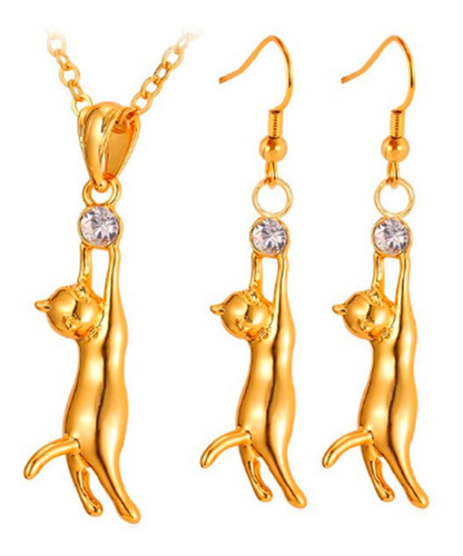 Set Collar+aretes De Gato,bañado Oro18k Cristales Austria Lb