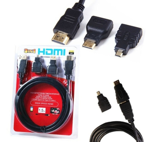 Cable Hdmi 1.5 Metros + Micro Mini Hdmi 3 En 1 Full Hd
