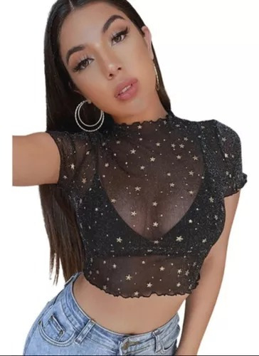 Shein Top Corto Con Malla Transparente Con Estampado De Gala