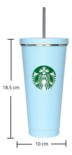 Vaso Liso De Metal De 600 Ml Con Tapa Y Popote Color Azul Claro (clicuc)