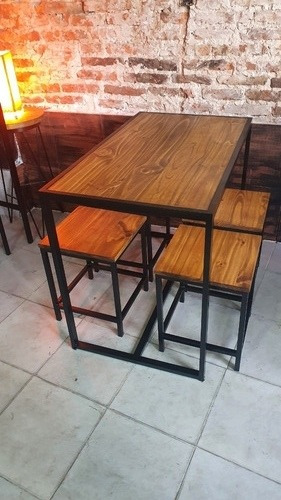 Imagen 3 de 5 de Mesa Cervecera 120x60x75cm Hierro Y Madera + 4 Bancos 40x40