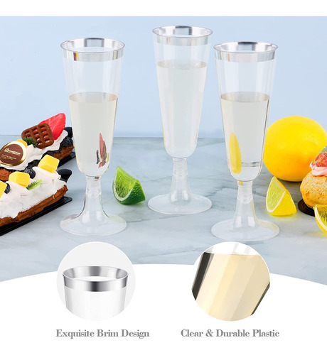 Copas Desechables Vino, Postres Plástico Premium 50 Piezas Plateado