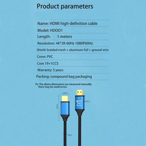 Cabo HDMI macho Vanjoe de 5 metros de áudio 4K para TV Pc Conector HDMI Full Hd Cabo HDMI Cabo HDMI de 5 metros Cabo de alto-falante Cabo de plugue Cabo auxiliar de Displayport de áudio