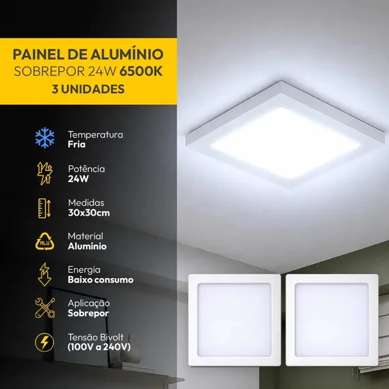 Kit 3 Painel Led Plafon Aluminio Sobrepor 24w 6500K Branco Frio 29x29cm Quadrado Cod: ALUT002010-3 Alut By Avant