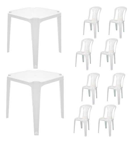 Jogo C/ 2 Mesas De Jantar Plástico E 8 Cadeiras Reforçadas