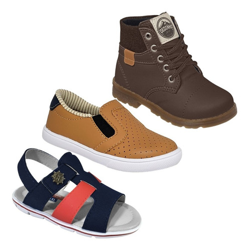 Kit 3 Pares Bota Tênis Sandália Masculino Infantil Casual