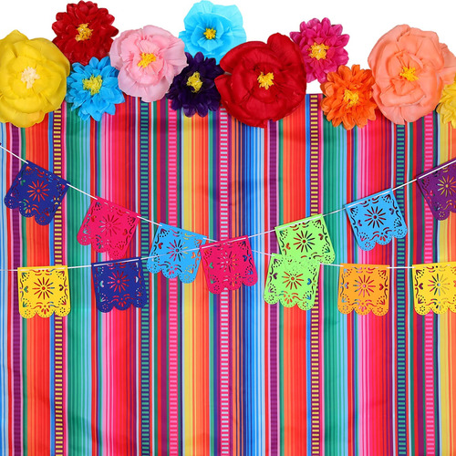 Kit De Decoracion Fiesta Mexicana Flores Papel Picado Fondo