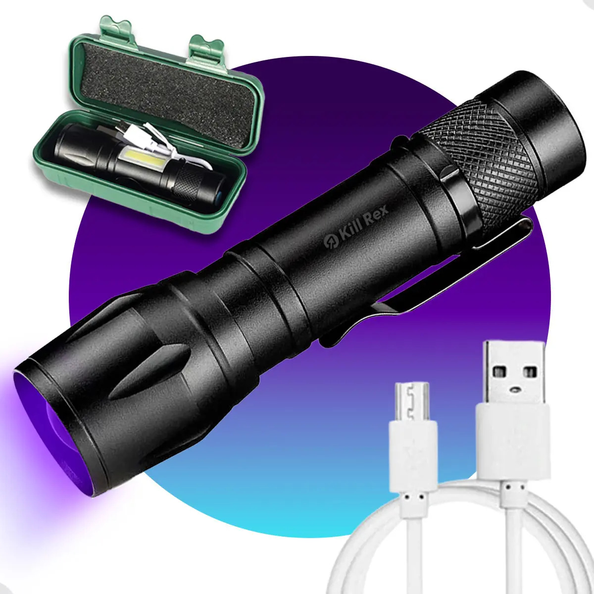 Lanterna Uv Led Luz Negra Roxa Ultravioleta Detecta Escorpião Nota Falsa Dinheiro Inseto Seca Unha Resina Máscara Bateria Recarregável Usb Portátil Potente Mini - Marca Kill Rex Preto