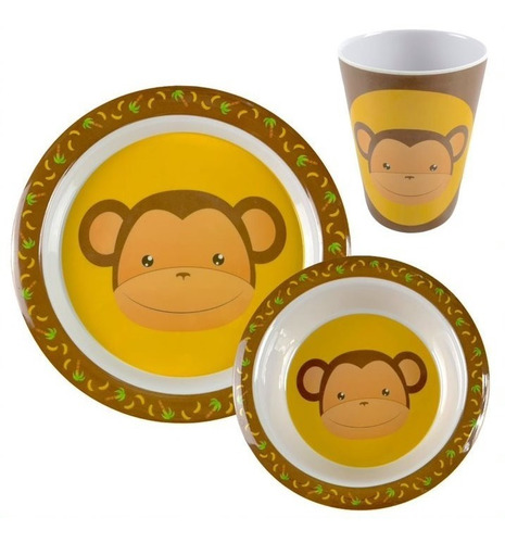 Kit Refeição Infantil C/ 3 Pçs Macaquinho Prato Tigela Copo