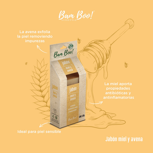 5 Pack Jabón Artesanal Natural Miel Avena 100 G Bam Boo!
