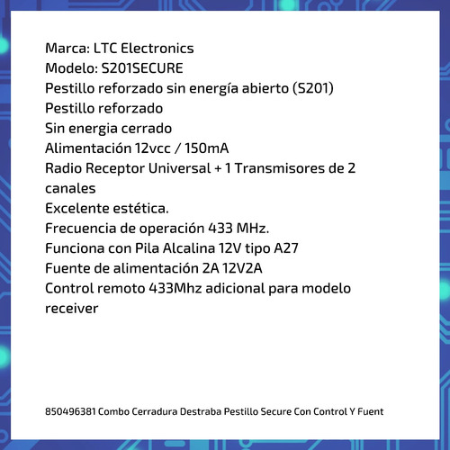 Imagen 6 de 9 de Combo Cerradura Destraba Pestillo Secure Con Control Y Fuent