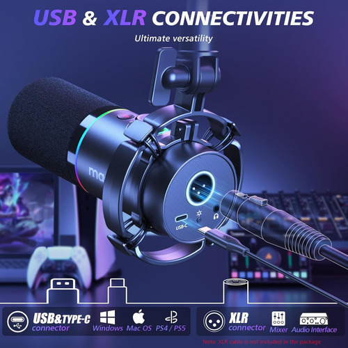 Maono Xlr/usb Kit De Micrófono Dinámico, Rgb Podcast Mic...
