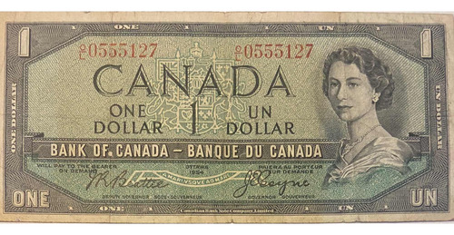 Billete Antiguo De Canada. 1 Dollar. Reina Isabel Ii. 1954 (Usado)