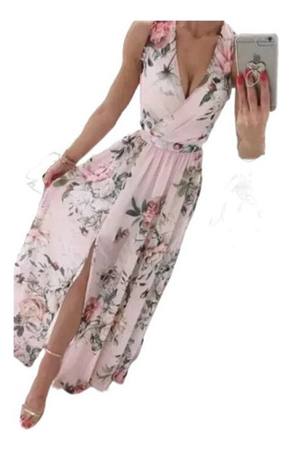 Maxivestido Con Estampado Floral Y Cuello En V Con Cinturón