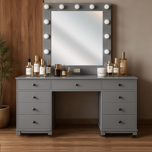 Tocador Estilo Hollywood Con Focos Espejo Camerino Blanco