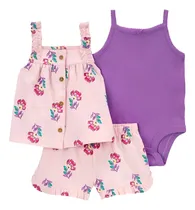Comprar Conjunto Carters Set 3 Piezas Bebe Body, Remera Y Short Rosa 6m