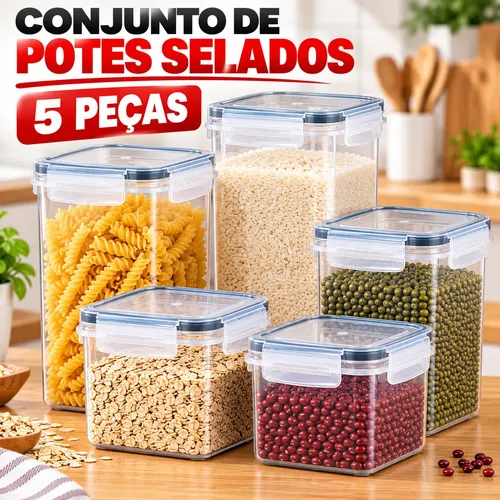 Kit5 Potes Herméticos Mantimentos Cozinha Tampa Trava Casa