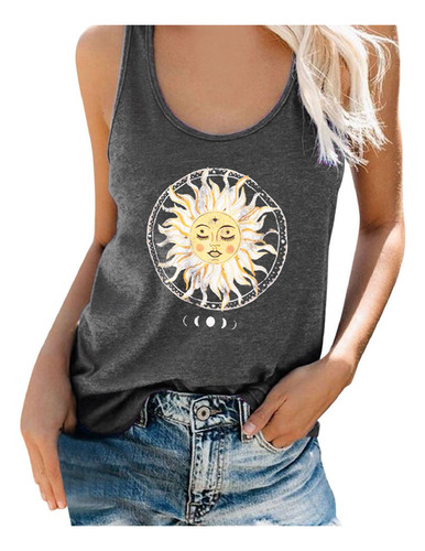 Camiseta Casual Sin Mangas Con Estampado Solar De Verano De