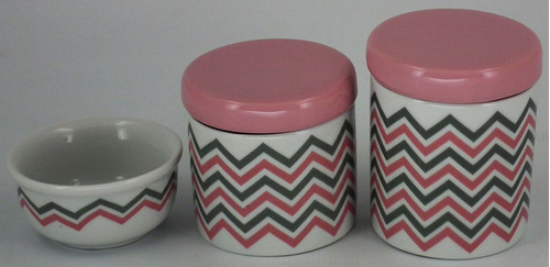 Kit Higiene Bebe Em Porcelana  Estampa Chevron Rosa E Cinza