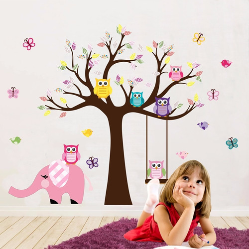 Adesivo Árvore Infantil Corujas E Elefante (206x161)cm