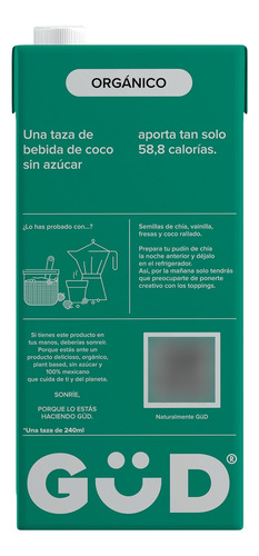 Alimento Líquido De Coco Güd Sin Azucar Organico 12 Pzas/ 1l