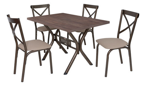 Conjunto Mesa Ciplafe Karina X 4 Cadeiras Tampo Bp Amendoa 1,20m Tubo Bronze Assento Bege