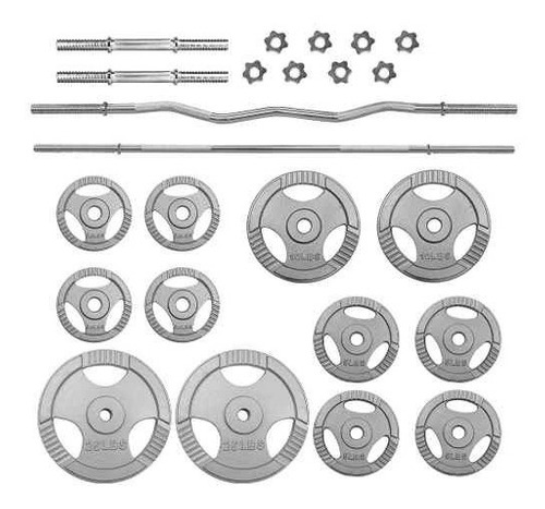 Set Barra Recta Barra Z Par Mancuernas Cromada Discos Pesas