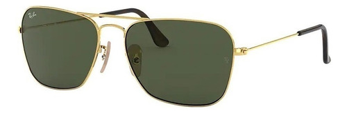 Anteojos de sol Ray-Ban Aviator Caravan Standard con marco de metal color polished gold, lente green de cristal clásica, varilla polished gold/black de metal - RB3136