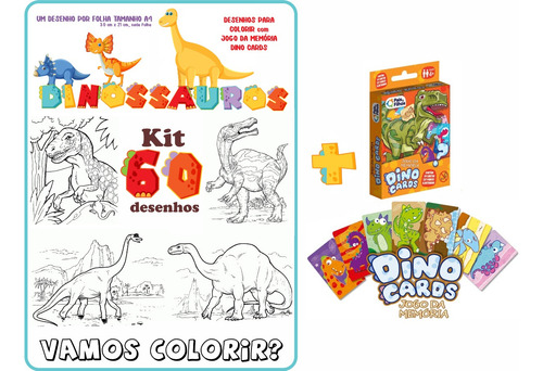 Kit Com 60 Desenhos Dinossauros Para Colorir + Jogo Da Memória Dino Cards Folha Solta Tamanho A4 Um Desenho Por Folha Para Crianças