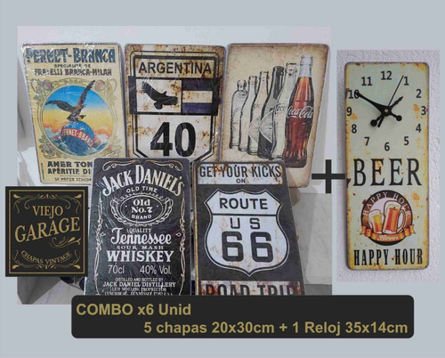 Reloj De Chapa Vintage 35x14cm + 5 Chapas 20x30cm