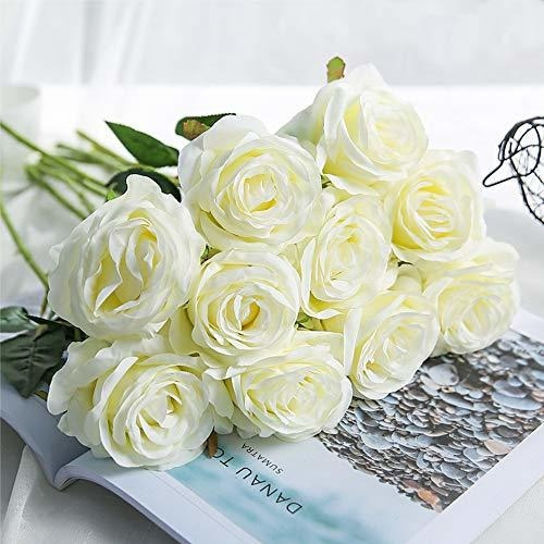 12 Rosas De Seda Artificiales Con Tallo Largo - Blanco
