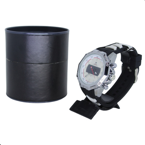 Relógio de Pulso Tático Analógico e Digital Com Mostrador Branco Ponteiros em Vermelho Caixa e Coroas Cromadas com Pulseira em Preto Cordada User4