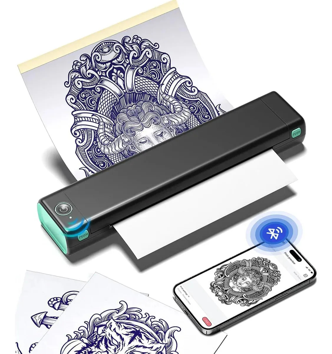 Imagen de Impresora Térmica Portátil Phomemo M08f A4 Bluetooth Inalámbrica Para Tatuajes Documentos Y Fotos, Compatible Con Tamaño A4, 10 Hojas De Papel Térmico, Negro-verde