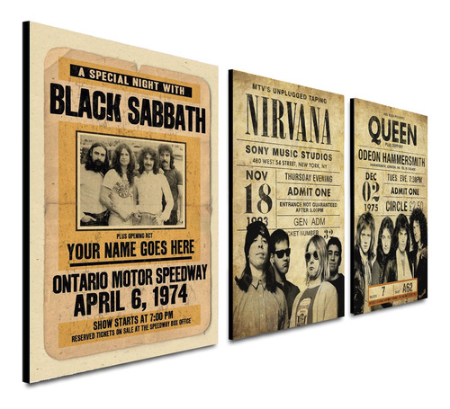 Imagen 1 de 3 de Triptico 60x25 Cms Decorativo Black Sabath, Nirvana, Queen