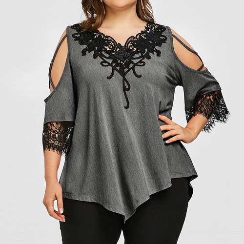 Camiseta Casual De Encaje Con Hombros Descubiertos De Talla
