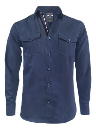 Camisa Denim Azul Con Bolsillos Manga Larga Slim Para Hombre